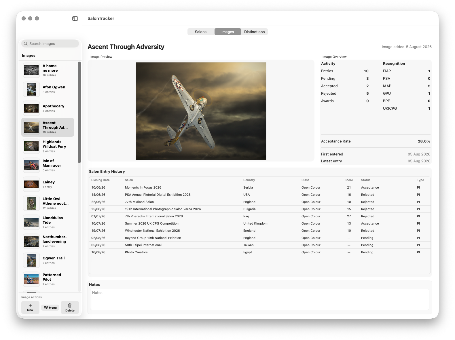 SalonTracker Images screen showing the complete salon history for one photograph