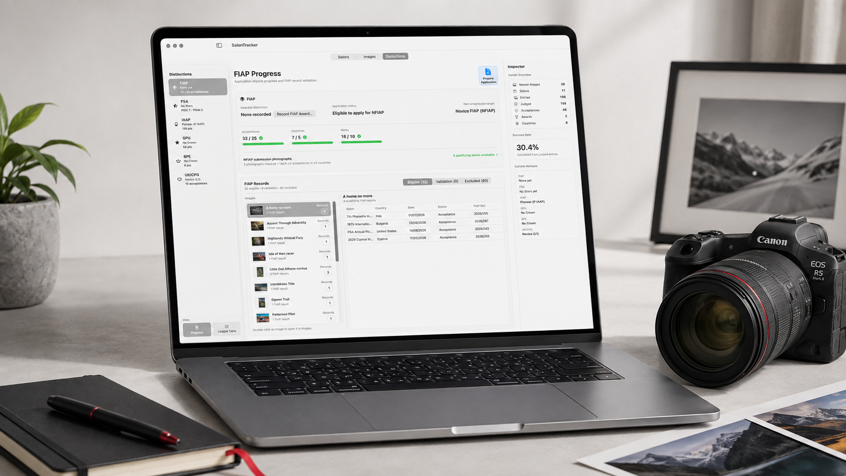 SalonTracker running on a MacBook on a photographer\'s desk beside a Canon R5 Mark II with RF 24-105mm F2.8 L lens
